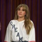 Kelly’s white dreamer shirt and denim skirt on The Kelly Clarkson Show