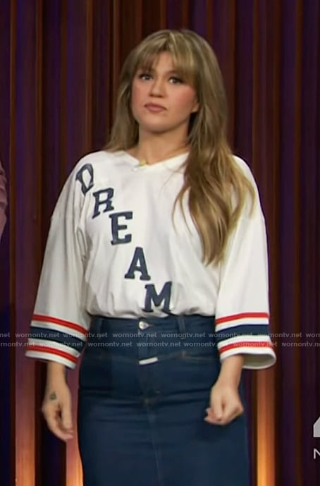 Kelly's white dreamer shirt and denim skirt on The Kelly Clarkson Show