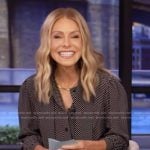 Kelly’s black polka dot print tie neck blouse on Live with Kelly and Mark