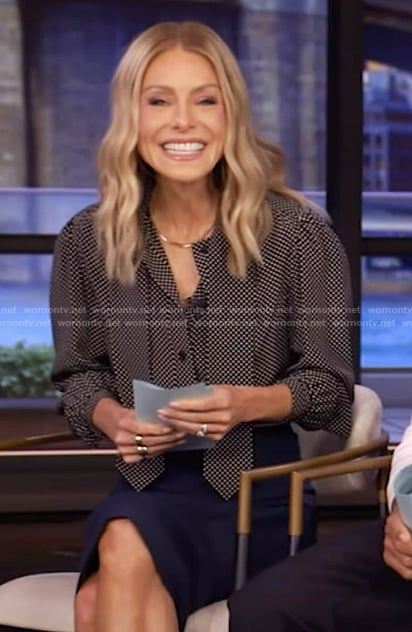 Kelly's black polka dot print tie neck blouse on Live with Kelly and Mark