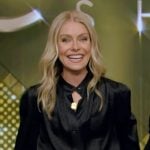 Kelly’s black satin blouse on Live with Kelly and Mark