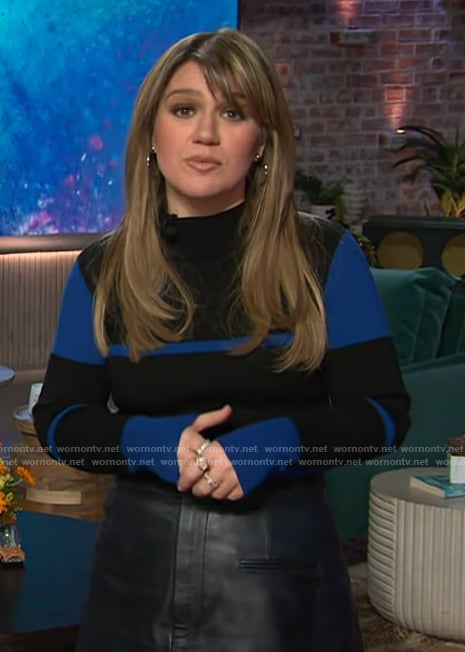 Kelly's blue colorblock stripe sweater on The Kelly Clarkson Show