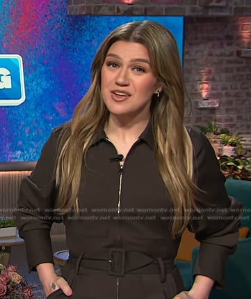 Kelly's brown belted jumpsuit on The Kelly Clarkson Show