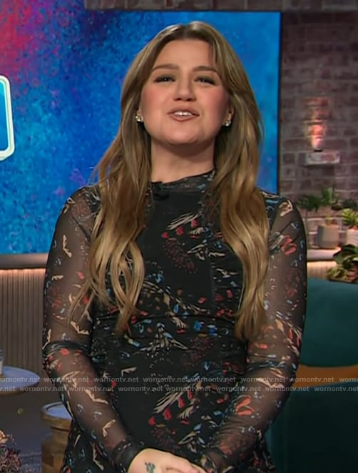 Kelly's black floral print mesh dress on The Kelly Clarkson Show