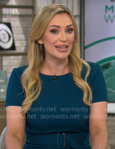 Kelly O'Grady's teal short sleeve dress on CBS Mornings