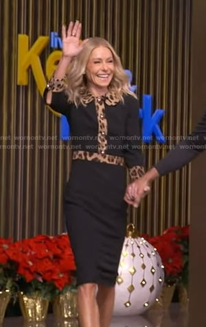 Kelly's black dress with leopard trim on Live with Kelly and Ryan
