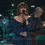 Kelly’s blue printed off shoulder dress on The Kelly Clarkson Show