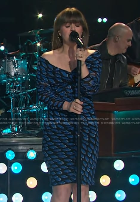 Kelly's blue printed off shoulder dress on The Kelly Clarkson Show