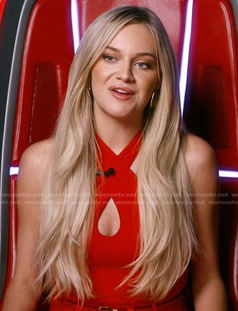 Kelsea Ballerini's red halter neck top and wide-leg pants on The Voice