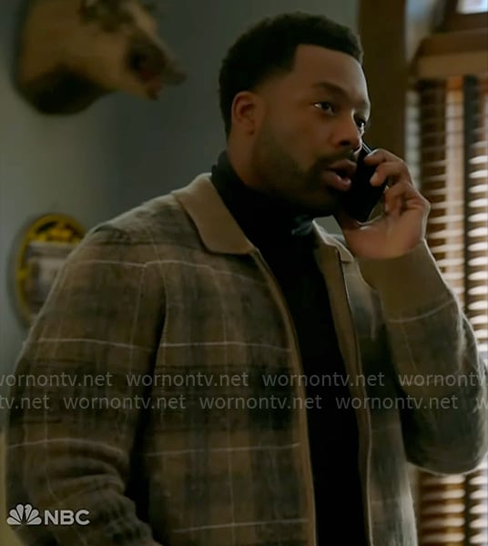 Kevin's beige plaid zip up cardigan on Chicago PD