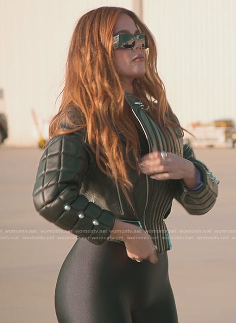 Khloe's black leather moto jacket on The Kardashians