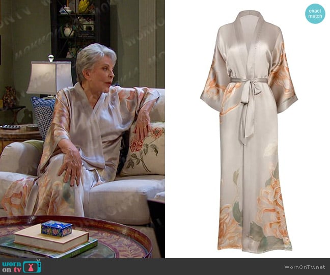 Kim + Ono Silk Kiku Long Kimono Robe in Willow worn by Julie Olson Williams (Susan Seaforth Hayes) on Days of our Lives