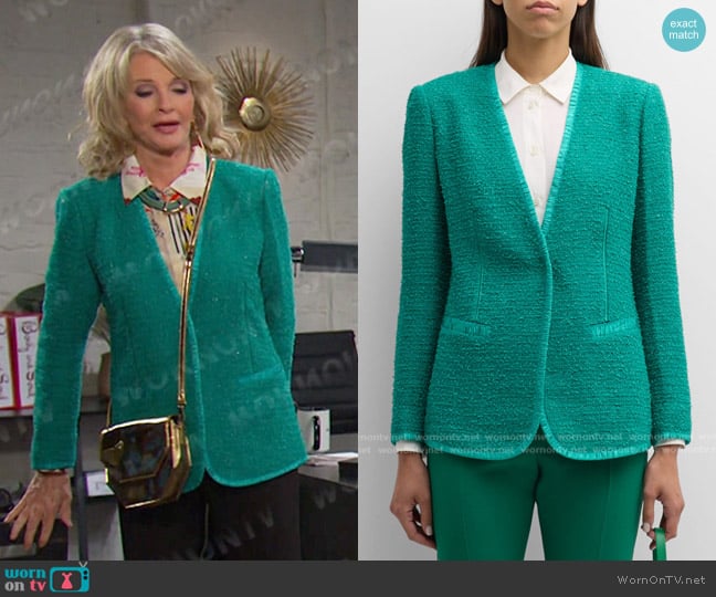 Kobi Halperin Evangeline Tweed Jacket in Dark Turquoise worn by Hattie Adams (Deidre Hall) on Days of our Lives