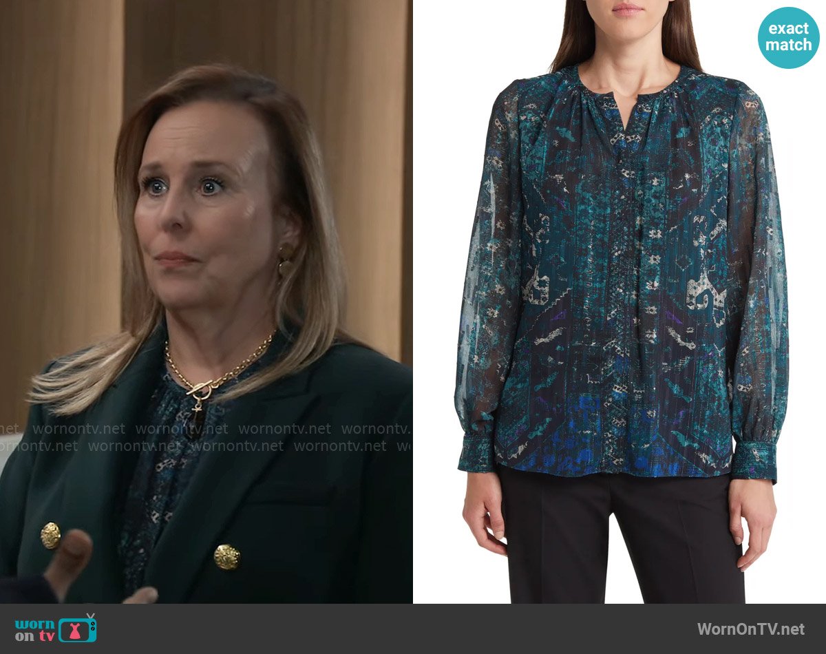 Kobi Halperin Shai Blouse in Sea Moss worn by Laura Collins (Genie Francis) on General Hospital