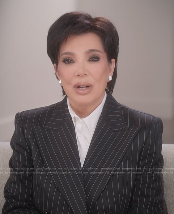 Kris's black pinstripe confessional blazer on The Kardashians