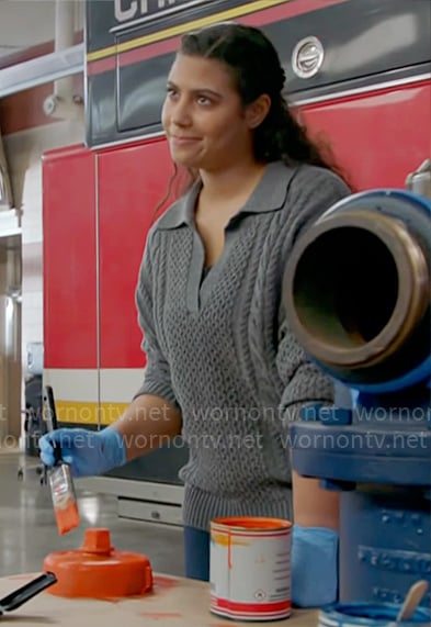 Kylie's grey cable-knit polo sweater on Chicago Fire