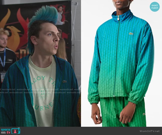 Lacoste Zip-Front Geo Pattern Jacket in Cobalt/calathea-roquette worn by Eli Moskowitz (Jacob Bertrand) on Cobra Kai