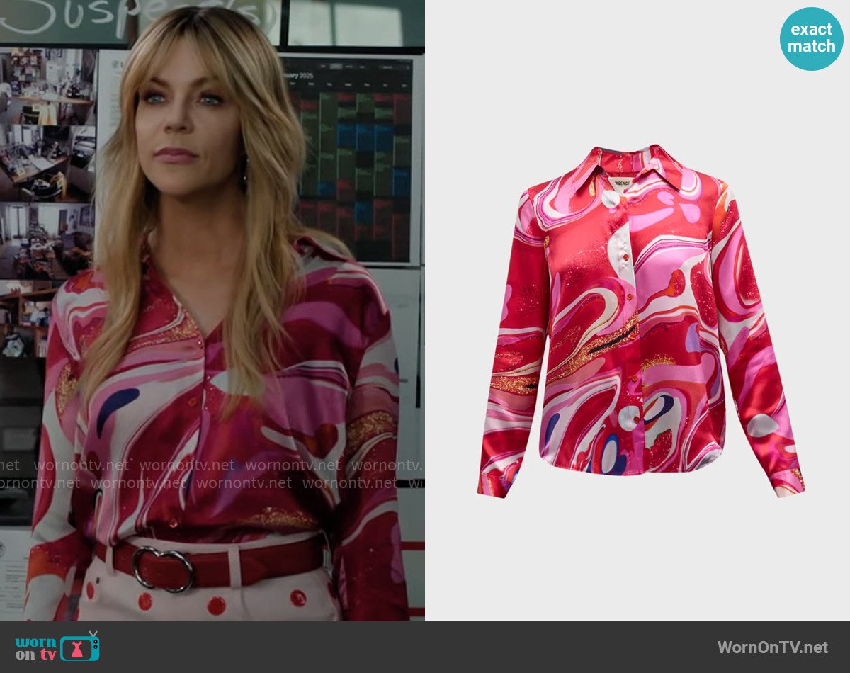 L'Agence Tyler Swirl Silk Blouse in Pink Multi Tie Dye Swirl worn by Morgan Gillory (Kaitlin Olson) on High Potential