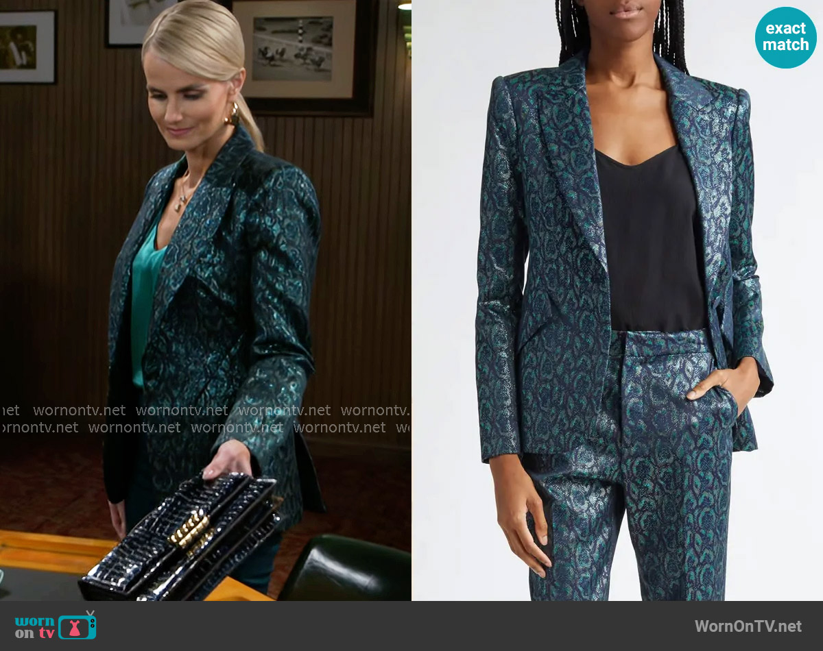 L'Agence Chamberlain Blazer in Teal Multi Leopard Jacquard worn by Vanessa McBride (Lauren Buglioli) on Beyond the Gates