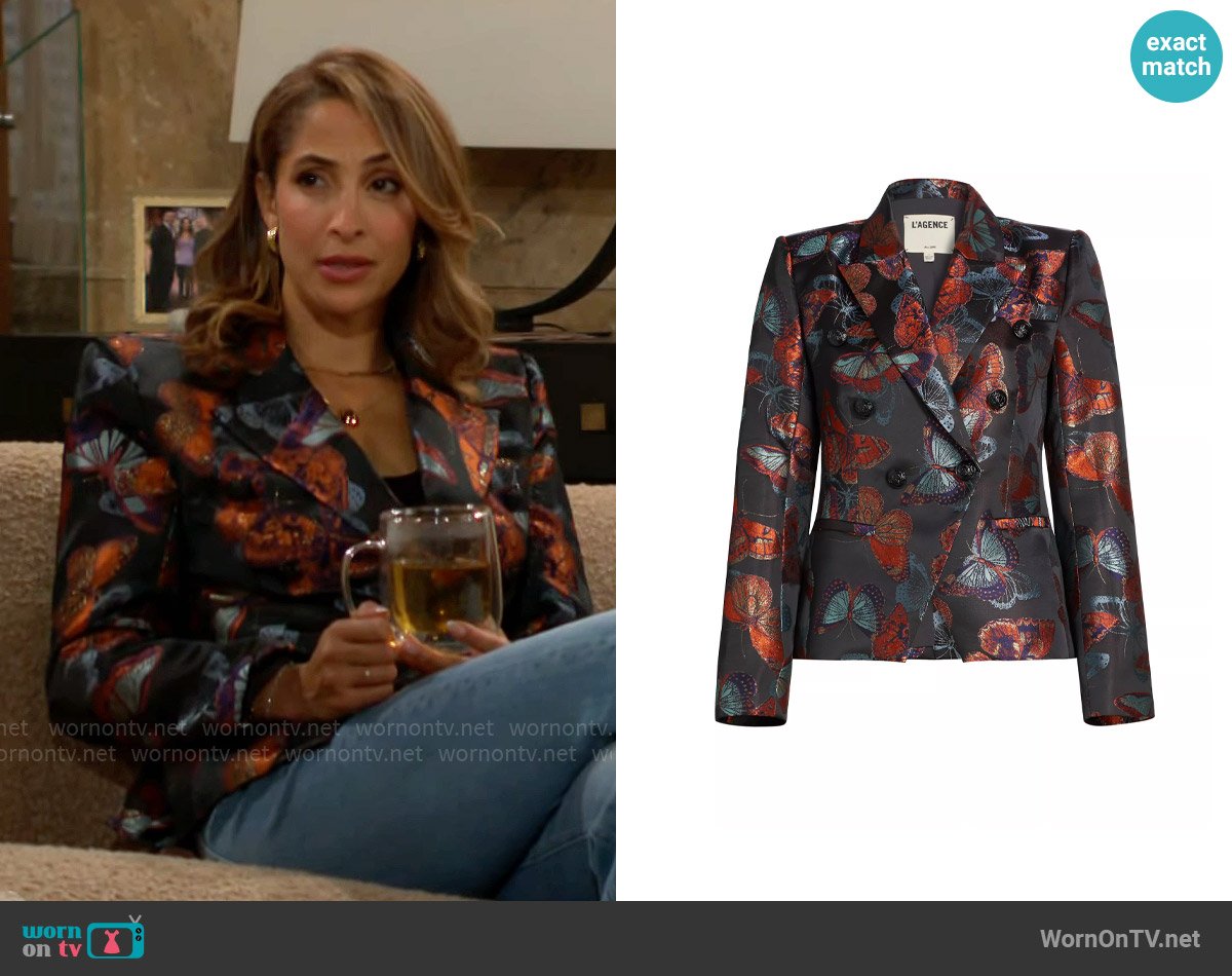 L'Agence Marie Blazer in Multi Butterfly Jacquard worn by Lily Winters (Christel Khalil) on The Young and the Restless