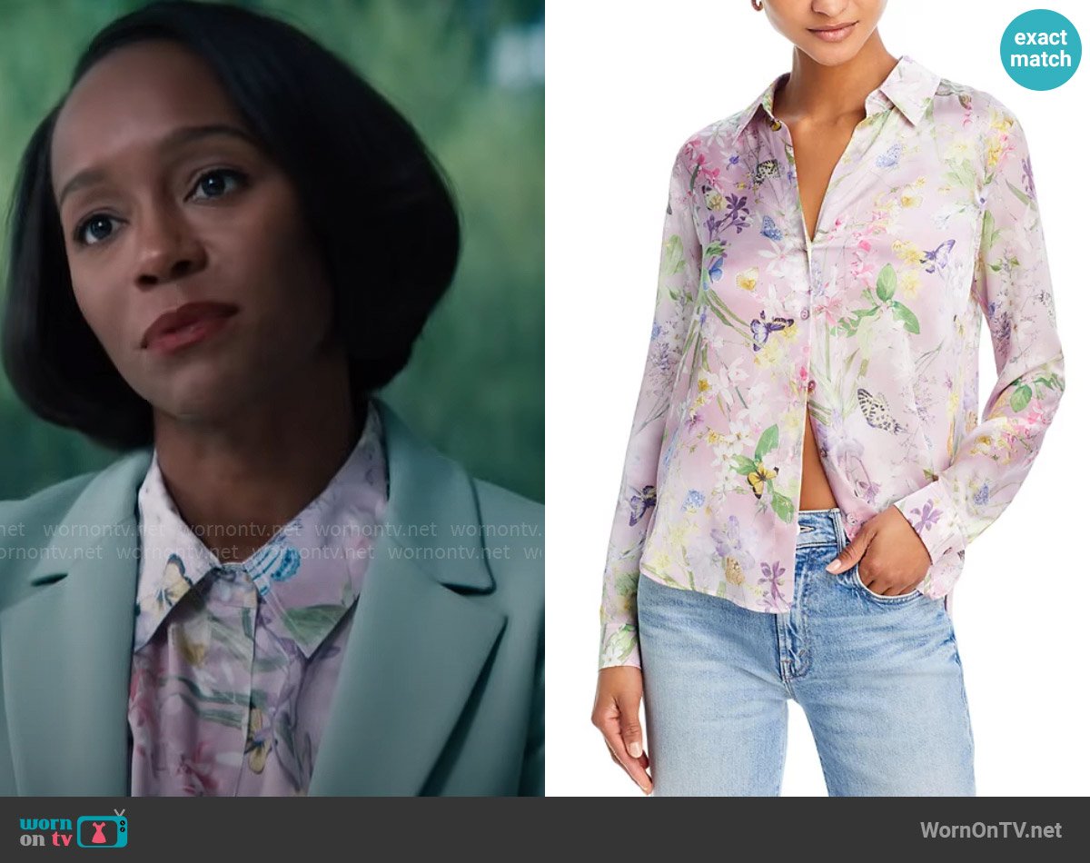 L'Agence Tyler Blouse in Lilac Snow Butterfly worn by Catherine (Aja Naomi King) on Grosse Pointe Garden Society