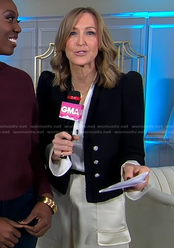 Lara's black tweed blazer and white satin cargo pants on Good Morning America