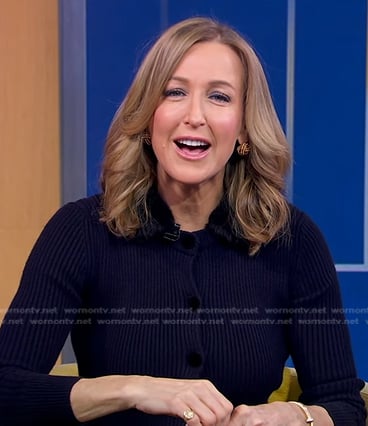 Lara’s navy ribbed fur-collar cardigan on Good Morning America