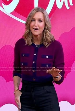 Lara's purple contrast trim cardigan on Good Morning America