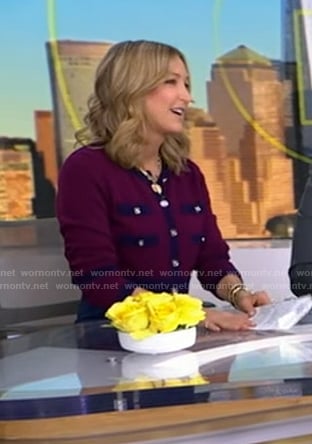 Lara's purple contrast trim cardigan on Good Morning America