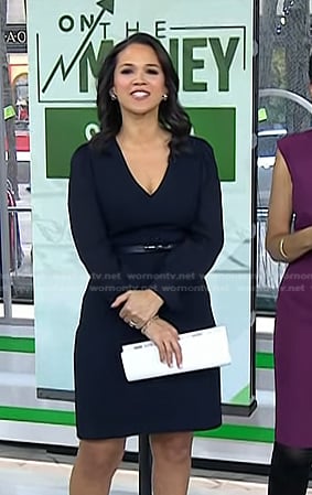 Laura’s navy v-neck belted dress on Today