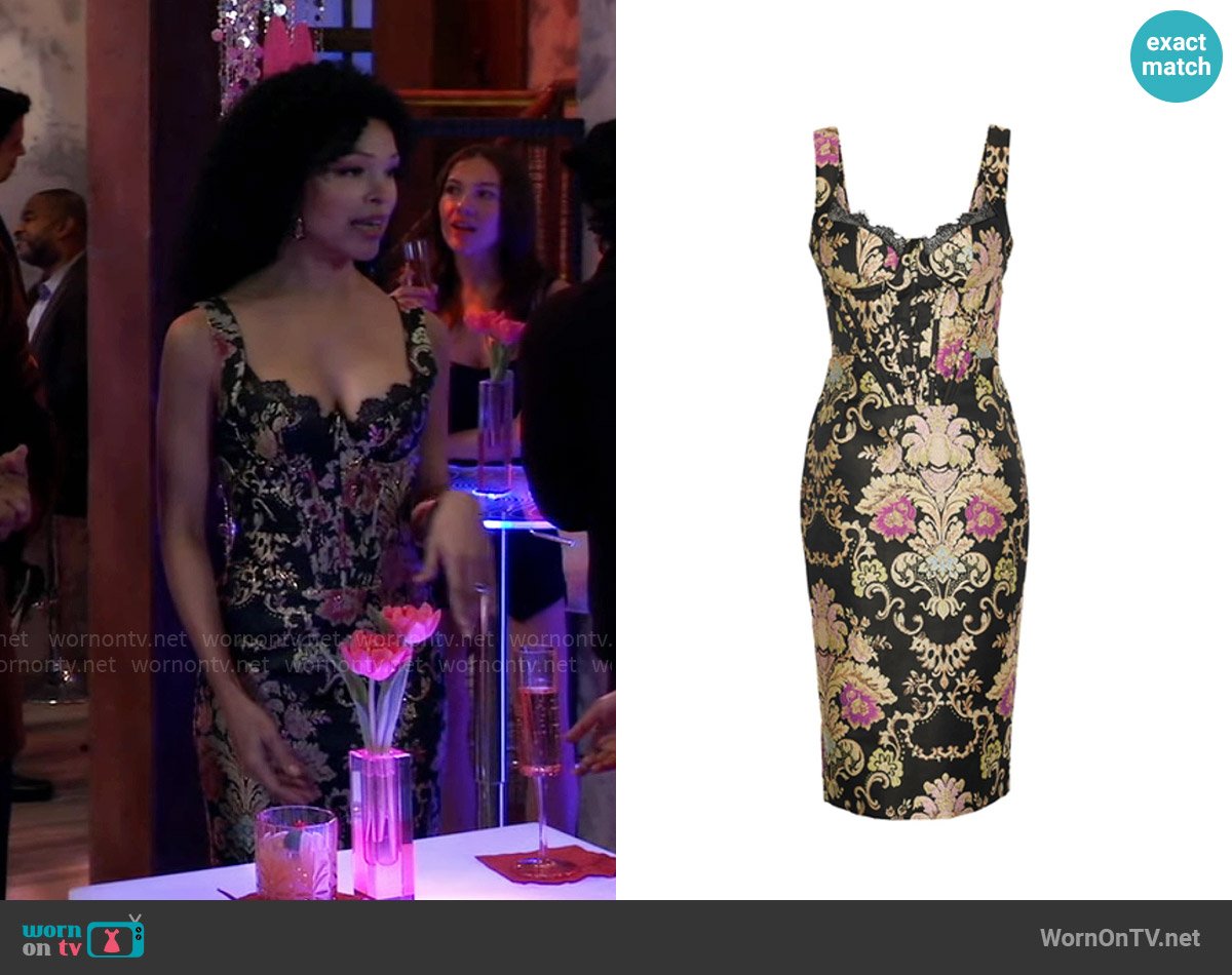 Lavish Alice Baroque Lace-Trim Corset Midi Dress worn by Portia Robinson (Brook Kerr) on General Hospital