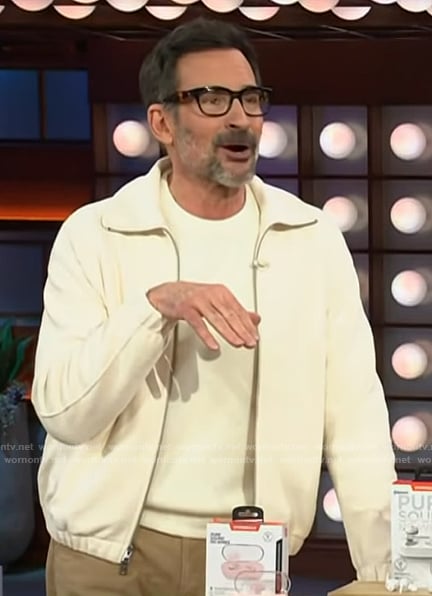 Lawrence Zarian’s white zip front jacket on The Kelly Clarkson Show