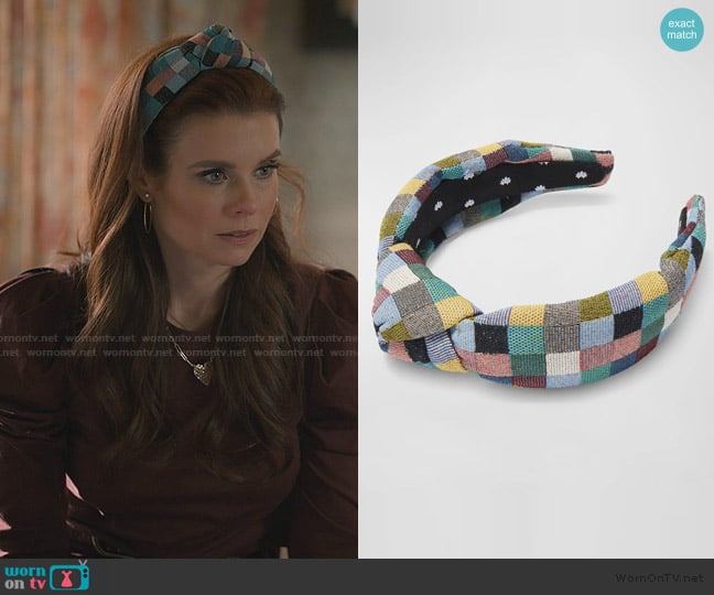 Lele Sadoughi Multicolor Checkered Knotted Headband worn by Maddie Townsend (JoAnna Garcia Swisher) on Sweet Magnolias