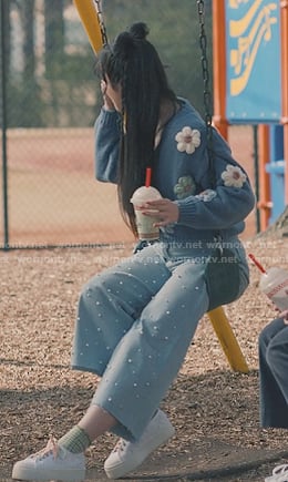 Lily’s blue floral knit cardigan on Sweet Magnolias