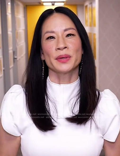 Lucy Liu's white puff sleeve top on The Drew Barrymore Show