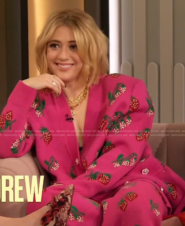 Lizze Broadway’s pink strawberry print cardigan on The Drew Barrymore Show