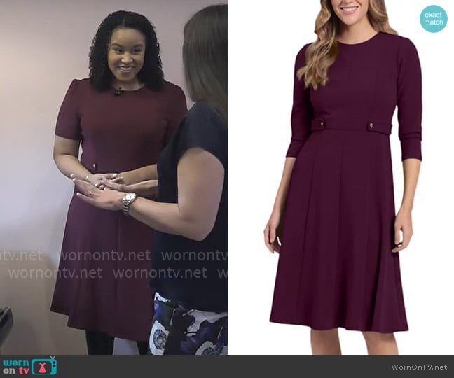 London Times Tab-Waist Fit & Flare Dress in Luxe Plum worn by Elise Preston on CBS Mornings