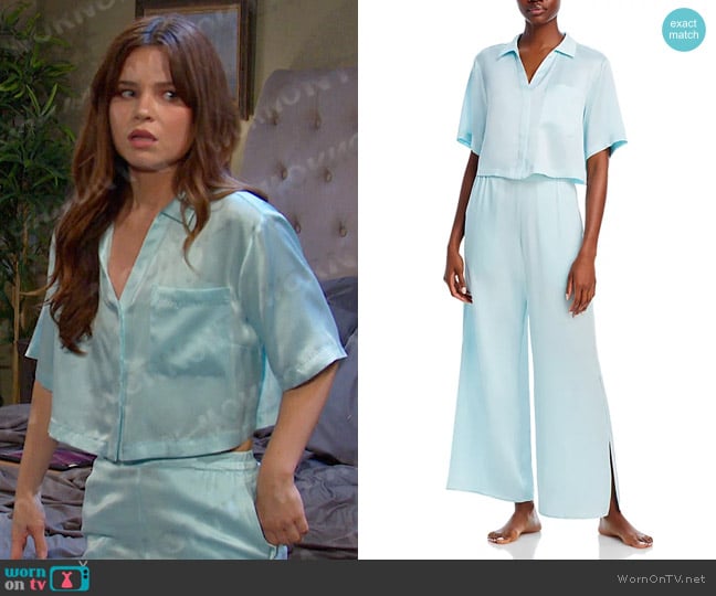 Lunya Washable Silk Pajama Set in Infinity Blue worn by Joy Wesley (AlexAnn Hopkins) on Days of our Lives