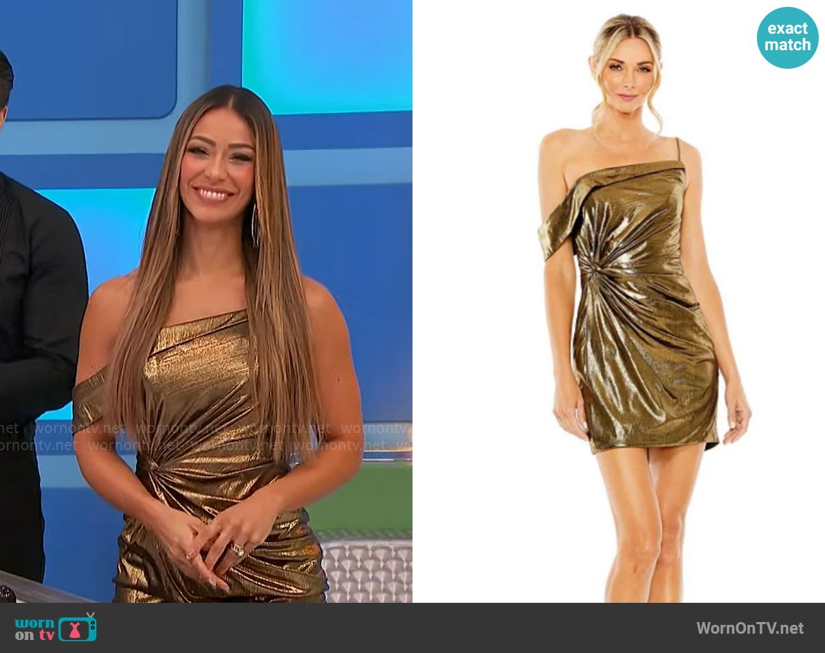 Manuela’s gold asymmetric shoulder mini dress on The Price is Right