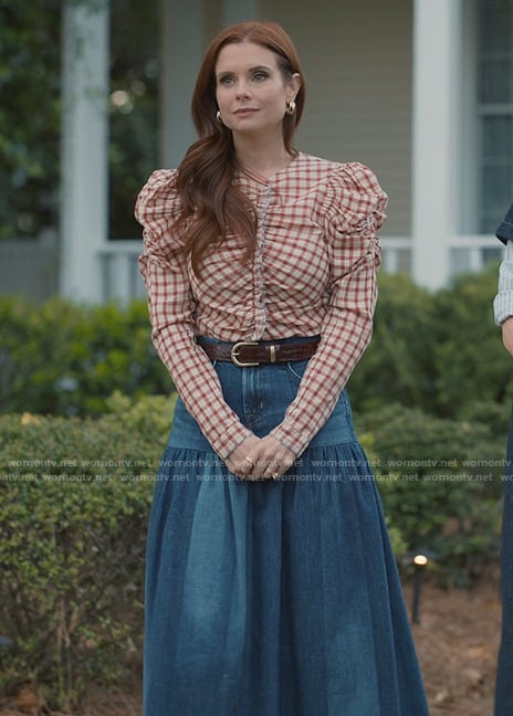 Maddie's orange check print puff sleeve top on Sweet Magnolias