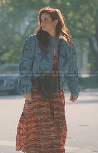 Maddie's red striped dress and blue quilted jacket on Sweet Magnolias