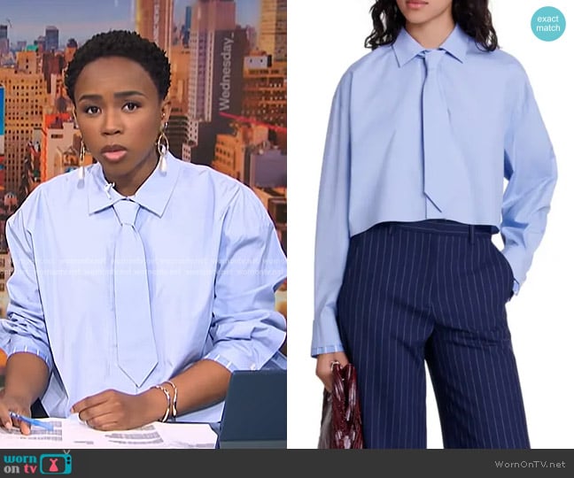 Maje Cevatte Tie Shirt in Blue worn by Zinhle Essamuah on NBC News Daily