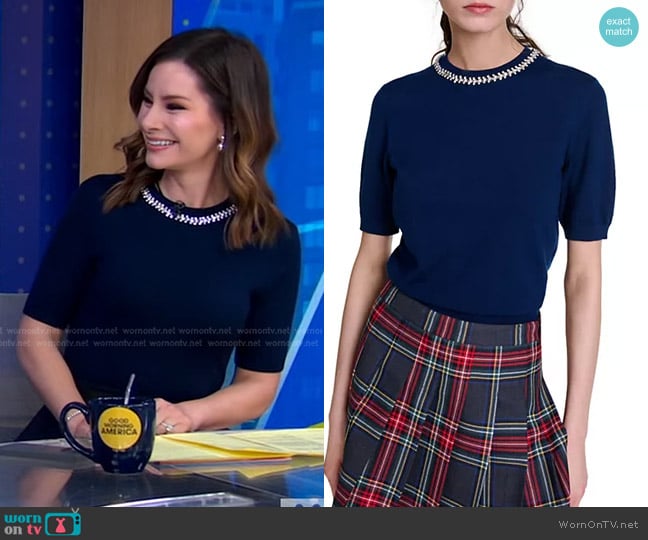 Maje Knit Crop Jumper with Rhinestones in Navy worn by Rebecca Jarvis on Good Morning America