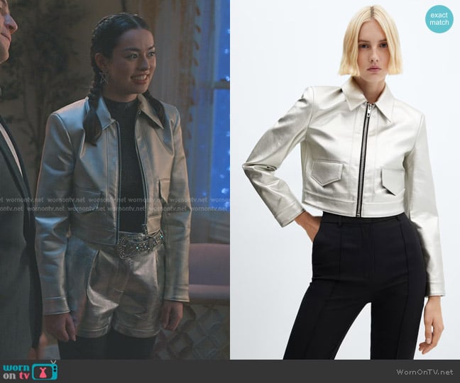 Mango Metallic Cropped Jacket worn by Annie Sullivan (Anneliese Judge) on Sweet Magnolias