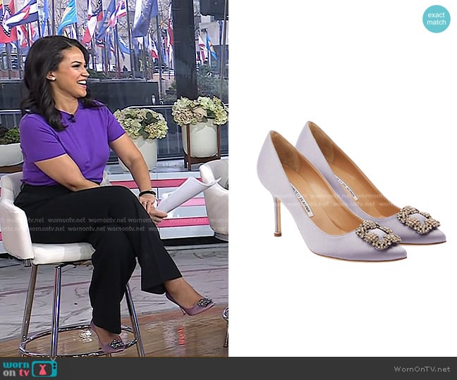 Manolo Blahnik Hangisi 90 Embellished Satin Pumps worn by Laura Jarrett on Today