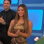 Manuela’s gold asymmetric shoulder mini dress on The Price is Right