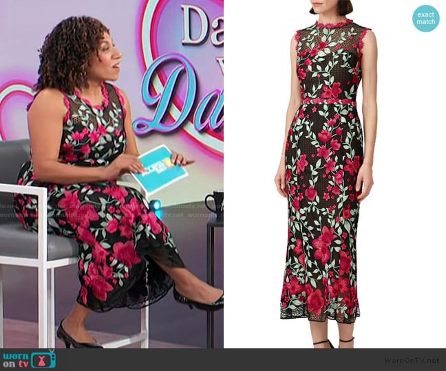 Marchesa Notte Embroidered Lace Sheath worn by Damona Hoffman on Access Hollywood