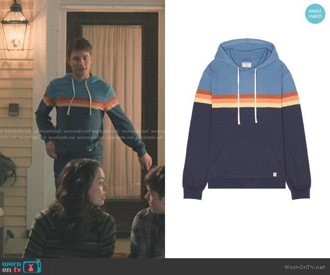 Marine Layer Colorblock Chest Stripe Hoodie in Blue Yonder & Mood Indigo worn by Ty (Carson Rowland) on Sweet Magnolias