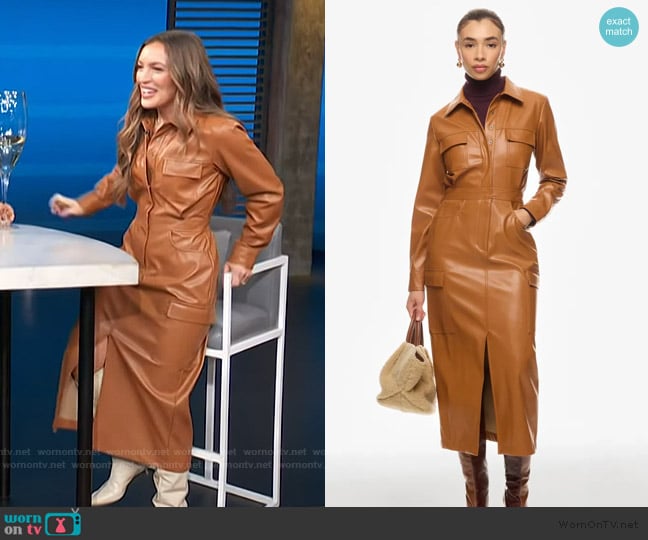 Marissa Webb Collective Front Slit Leather Shirt Dress worn by Emily Orozco on Access Hollywood