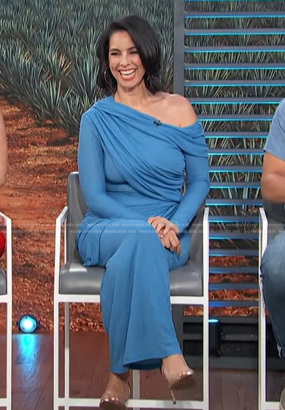 Marta Mendez Cross’s blue drape top and skirt on Access Hollywood